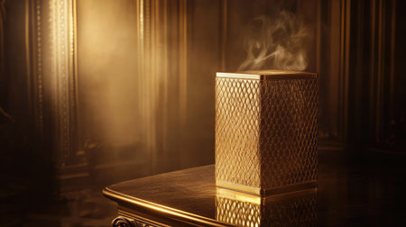 A golden luxury pedestal with intricate details, showcasing a luxury product in soft lighting, creating a sophisticated atmosphere.の素材