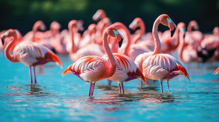 A nature reserve filled with flamingos, their bright pink feathers standing out against the deep blue water.の素材