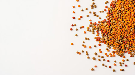 A fresh pile of dry dog food in the center of a white background, with individual kibble pieces clearly visibleの素材