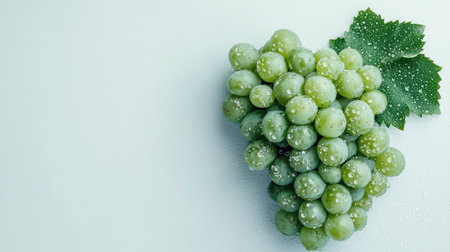 A fresh, plump green grape cluster with natural dew, isolated on a smooth white background for contrast.の素材