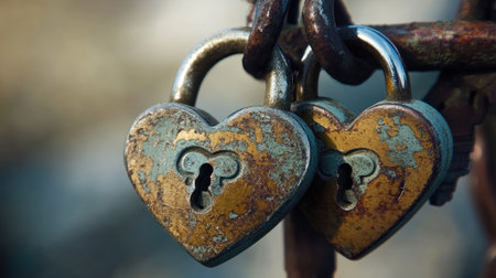 A pair of intertwined heart locks with keys, symbolizing a strong romantic bond.の素材