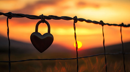 A romantic sunset backdrop with a heart lock hanging on a wire fence.の素材