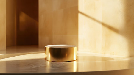 A golden luxury pedestal showcasing an elegant product, with soft shadows and natural light creating a luxurious effect.の素材