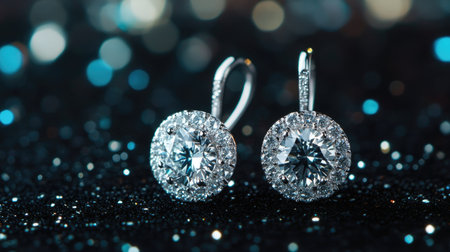 Close-up of luxury diamond earrings, glittering against a black background, highlighting the elegance and beauty of fine jewelry.の素材