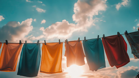 Colorful clothes on a washing line with sunlit clouds behind, evoking a warm and refreshing laundry day.の素材