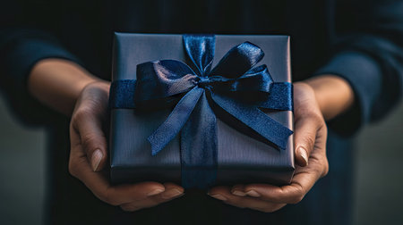 Close-up of holiday gift wrapped with a shiny ribbon, held in hands, showing holiday kindness and joy.の素材