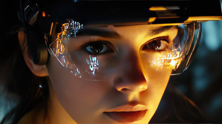 Close-up of a young woman in VR goggles, face lit by virtual screen reflections, immersed in a digital adventure.の素材