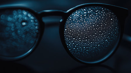 Close-up of eyeglass lenses with condensation droplets, capturing fine details in a dark, moody setting.の素材