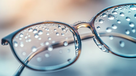 Close-up of water droplets on eyeglass lenses with soft lighting, each droplet detailed, on a blurred background.の素材