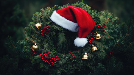 Green Christmas wreath with a festive red Santa hat, gold bells, and red berries, creating a cheerful holiday look.の素材