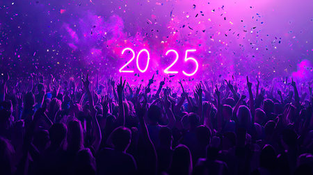 Crowd cheering as they welcome , with neon '' lights and confetti filling the air in a lively celebration.の素材