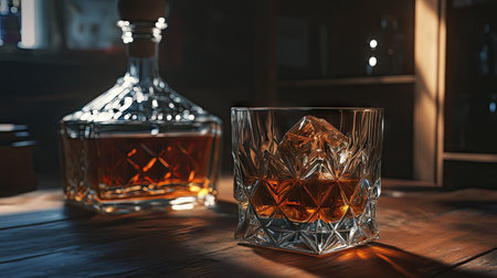 Close-up of whiskey on the rocks in a glass, with a decanter in the background, evoking a sense of relaxation and luxury.の素材