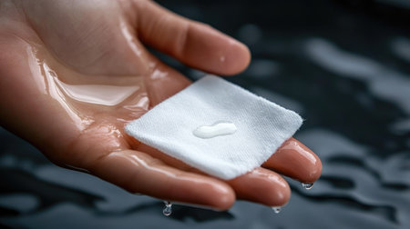 Hand holding a cotton pad with drops of toner, illustrating skincare routines and gentle cleansing.の素材