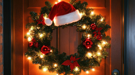 Festive Christmas wreath with lights, red ornaments, and a Santa hat, adding charm to a cozy holiday setting.の素材