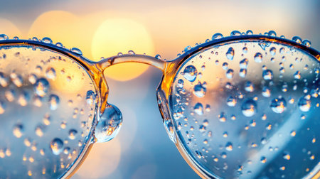 Close-up of water droplets on eyeglass lenses, each droplet refracting light, with a soft background for contrast.の素材
