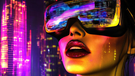 Close-up of woman's face in VR goggles, lit by vivid colors, looking amazed as she explores the virtual world.の素材