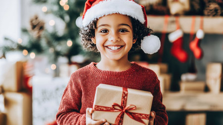 Cute child in a red sweater and Santa hat, holding a gift box with a big smile, surrounded by holiday decorations.の素材