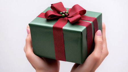 Holiday gift with green and red ribbon, held in hands, showing the joy of gift-giving during the Christmas season.の素材