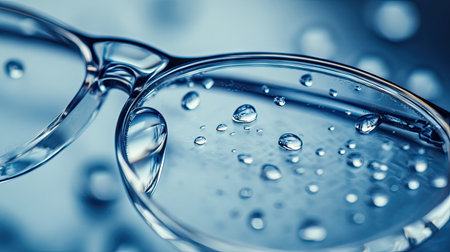 Close-up of water droplets on eyeglass lenses with soft lighting, each droplet detailed, on a blurred background.の素材