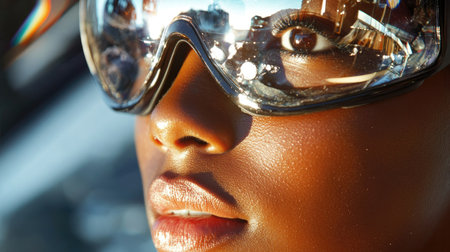 Close-up of a young woman in VR goggles, face lit by virtual screen reflections, immersed in a digital adventure.の素材