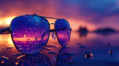 Eyeglasses with droplets on the lenses, placed on a smooth surface with reflections from soft ambient light.の素材