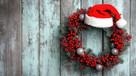 Festive wreath with a Santa hat, red berries, and glittery ornaments, bringing holiday spirit to a cozy home.の素材