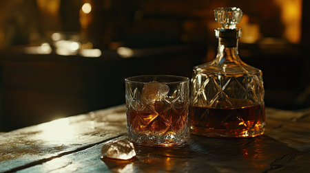 Glass of whiskey on the rocks with a decanter on a rustic table, warm lighting accentuating the drink's golden hues.の素材