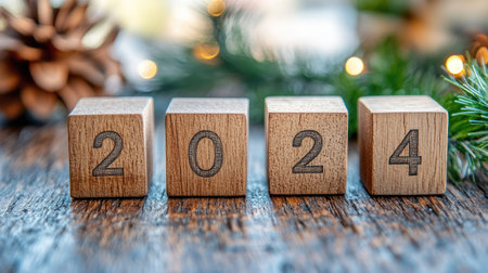 Close-up of wooden cubes showing '' with the last digit about to change to ',' symbolizing a fresh start.の素材