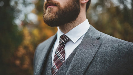 Elegant man with a plaid necktie, crisp white shirt, and tailored suit, close-up focusing on the refined details of his attire.の素材