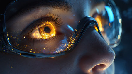 Close-up of a woman wearing VR goggles, neon lights reflecting on her face, as she experiences a thrilling digital landscape.の素材