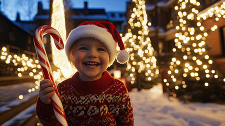 Little child in a red sweater and Santa hat, holding a big candy cane and smiling, surrounded by Christmas lights.の素材
