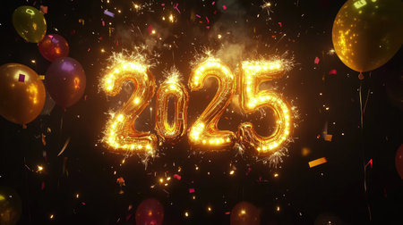 Golden '' numbers lit up with sparklers against a black background, surrounded by confetti and balloons. Perfect for New Year's Eve celebrations.の素材