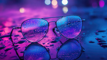 Eyeglasses with lenses speckled with water droplets, lying on a wet surface, showing detail and reflections in low light.の素材