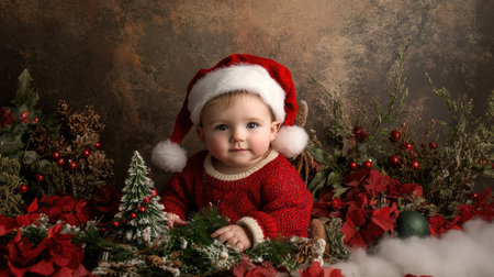 Cute child in a red sweater and Santa hat, holding a miniature Christmas tree, surrounded by festive decor.の素材
