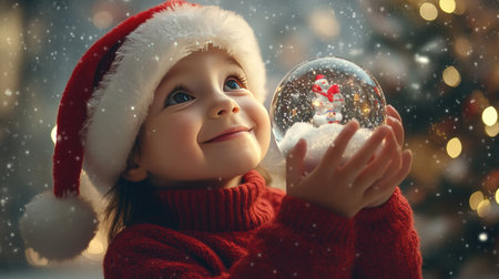 Cute child in Santa hat and red sweater, holding a snow globe and looking at it with wonder in a cozy room.の素材