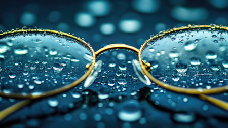 Close-up of eyeglass lenses with tiny droplets, showing the water details and reflections in a minimal, dark setting.の素材