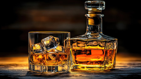 Close-up of a whiskey glass with ice beside an ornate decanter, with warm ambient lighting for a cozy feel.の素材