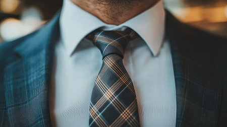 Close-up of a stylish necktie with subtle checks, elegantly knotted over a crisp white shirt, blending modern and classic elements.の素材