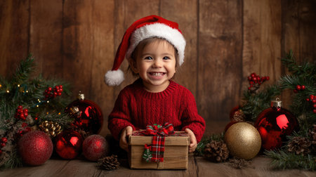 Cute child in a red sweater and Santa hat, holding a gift box with a big smile, surrounded by holiday decorations.の素材