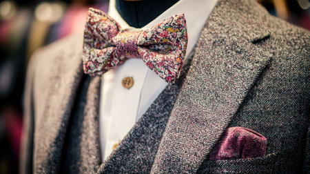 Elegant bow tie paired with a classic suit jacket and white shirt in close-up, showing intricate patterns and textures.の素材