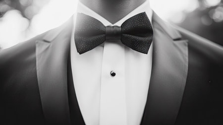 Elegant black bow tie on a crisp white shirt, complemented by a sleek black suit, in a detailed close-up for a formal look.の素材