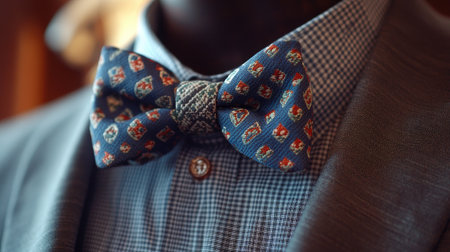 Detailed view of a stylish patterned bow tie on a checkered shirt with a gray suit jacket, blending classic and modern style.の素材
