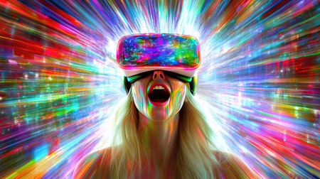 Excited woman wearing VR goggles in a futuristic room, surrounded by colorful neon light effects.の素材