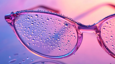Detailed close-up of wet eyeglass lenses, with droplets reflecting ambient light in a minimalistic, abstract scene.の素材