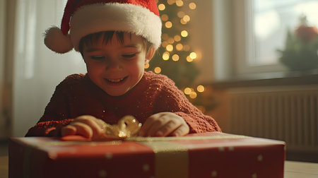 Little child in a red sweater and Santa hat, opening a wrapped Christmas present with a joyful expression on their face.の素材
