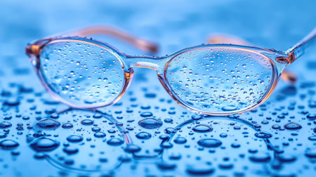 Close-up of water droplets on eyeglass lenses, each droplet refracting light, with a soft background for contrast.の素材