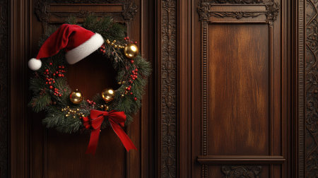 Elegant holiday wreath with a Santa hat, red ribbon, and gold bells, hanging warmly on a wooden door.の素材