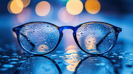 Eyeglass lenses covered in water droplets, lying on a glass surface with soft reflections and a dimly lit background.の素材