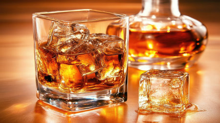 Close-up of whiskey with ice cubes in a glass, next to a decanter, capturing the allure of a fine drink in low light.の素材