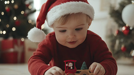 Little child in a Santa hat and red sweater, playing with a sleigh toy near the Christmas tree.の素材